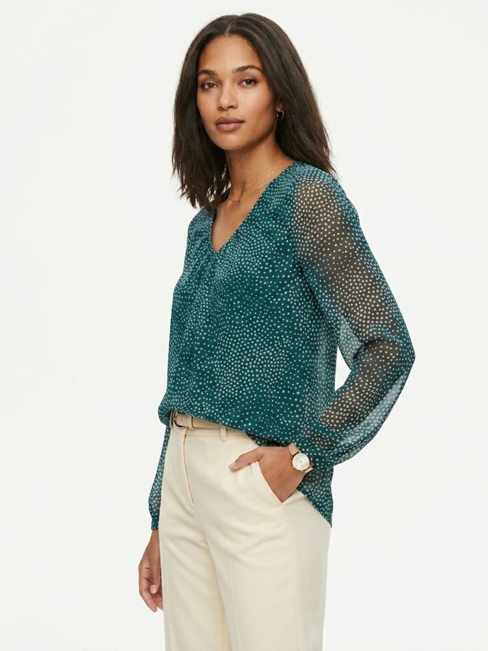 Boden Aubrey Jersey Top Sheer Long Sleeve Polka Dot Green US 2
